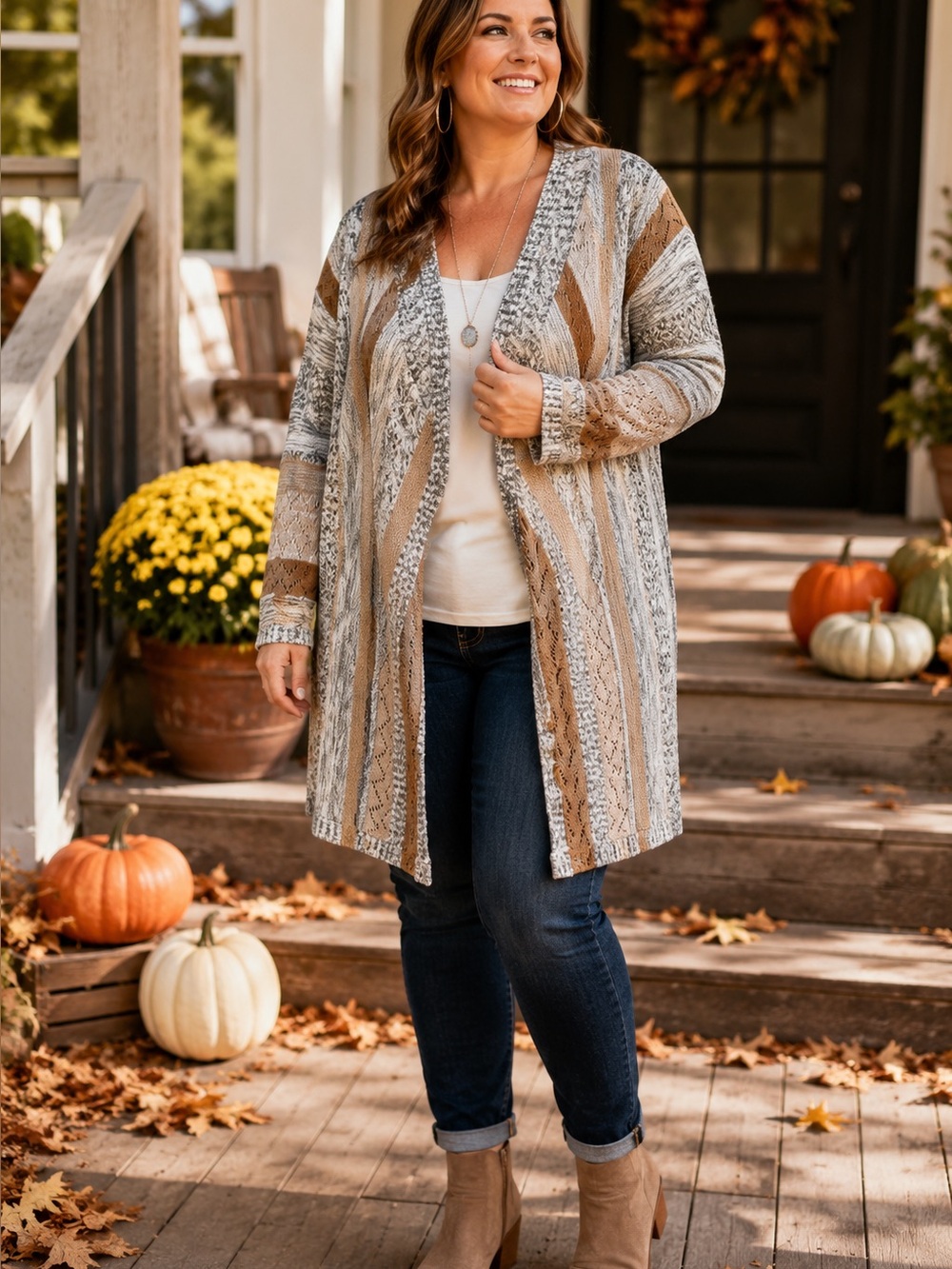 Absolutely Famous 3X Open Front Cardigan Gray Tan Colorblock Knit Duster Plus